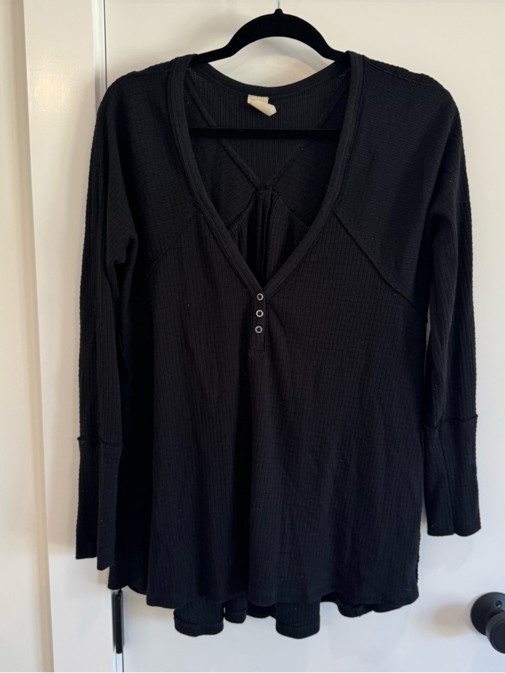 We The Free Black Waffle Henley Long Sleeve Top with Back Tie